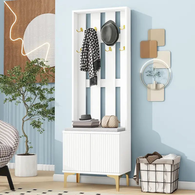 4-in-1 Hall Tree with Cushion, Coat Rack with 8 Gold Hooks and Legs, Entryway Bench with Adjustable Shelves & Fluted Doors