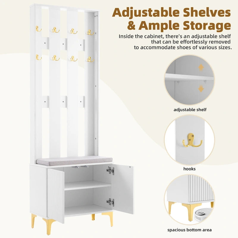 Arbre de vestibule 4-en-1 avec coussin, porte-manteau avec 8 crochets et pieds dorés, banc d'entrée avec étagères réglables et portes cannelées