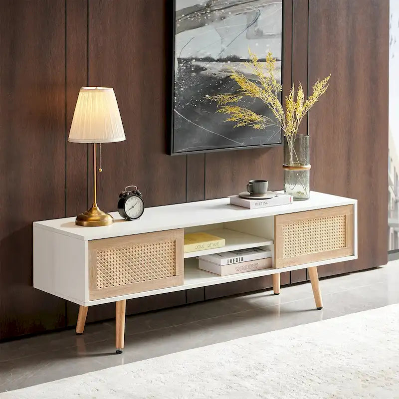 White 55.12 TV Stand with Sliding Doors, Wood Legs & Adjustable Shelf