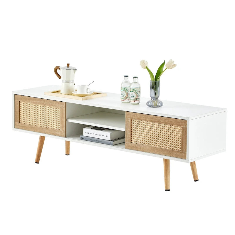 Meuble TV blanc 55.12 avec portes coulissantes, pieds en bois et étagère réglable