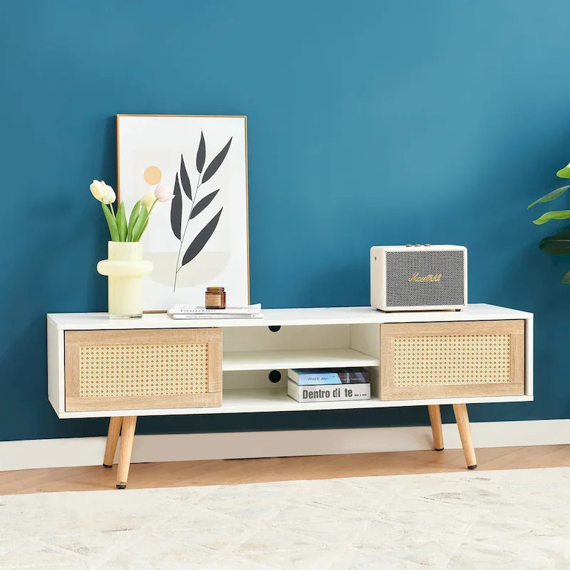 Meuble TV blanc 55.12 avec portes coulissantes, pieds en bois et étagère réglable