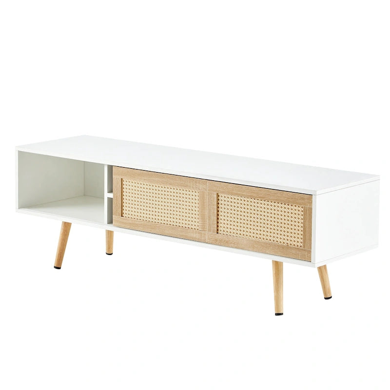 Meuble TV blanc 55.12 avec portes coulissantes, pieds en bois et étagère réglable