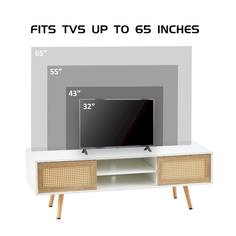 Meuble TV blanc 55.12 avec portes coulissantes, pieds en bois et étagère réglable