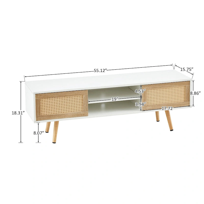 Meuble TV blanc 55.12 avec portes coulissantes, pieds en bois et étagère réglable