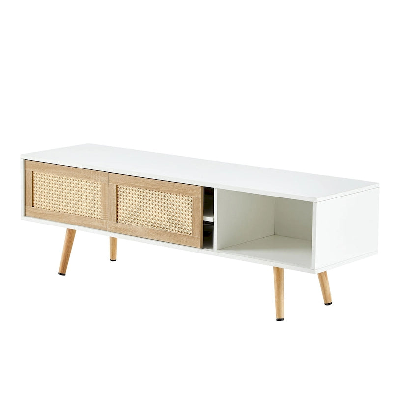 Meuble TV blanc 55.12 avec portes coulissantes, pieds en bois et étagère réglable