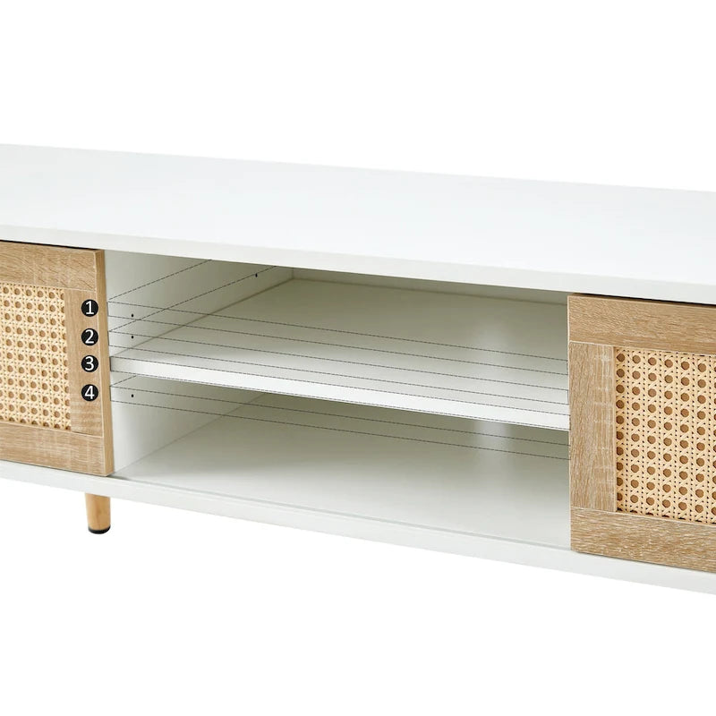 Meuble TV blanc 55.12 avec portes coulissantes, pieds en bois et étagère réglable