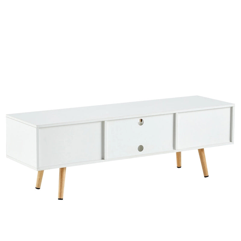 Meuble TV blanc 55.12 avec portes coulissantes, pieds en bois et étagère réglable