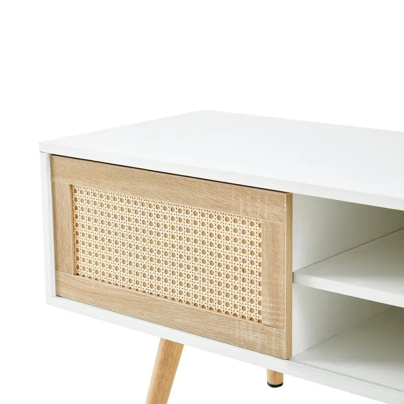 Meuble TV blanc 55.12 avec portes coulissantes, pieds en bois et étagère réglable