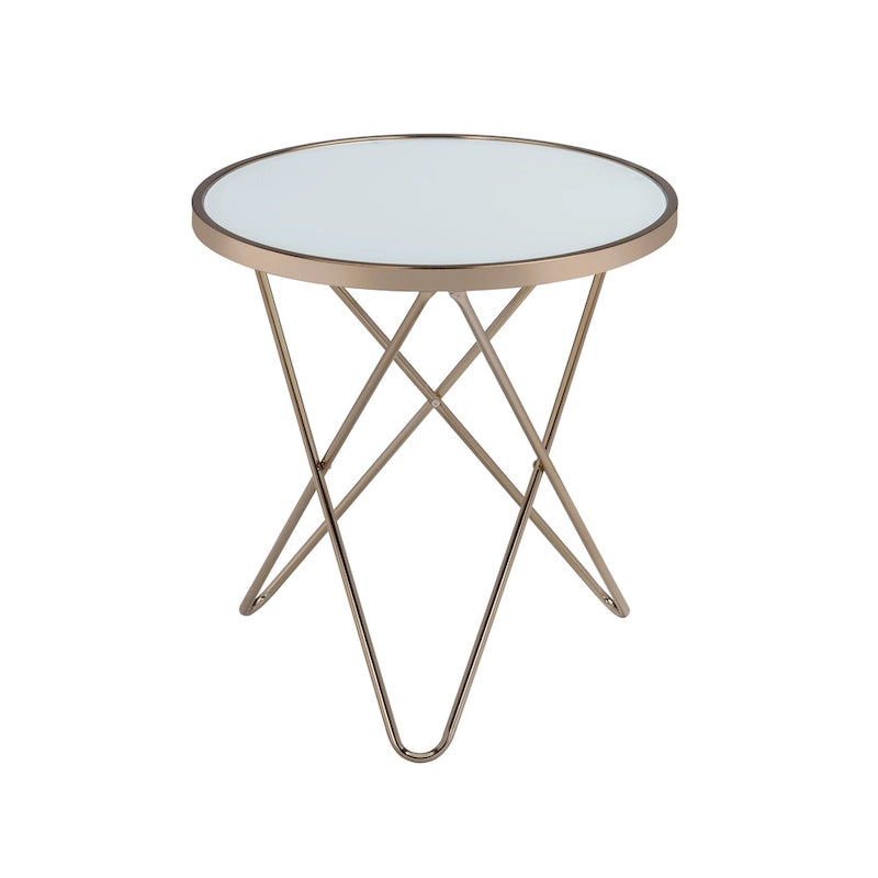 Table d'appoint ronde avec plateau en verre dépoli et finition champagne, avec base en métal en V