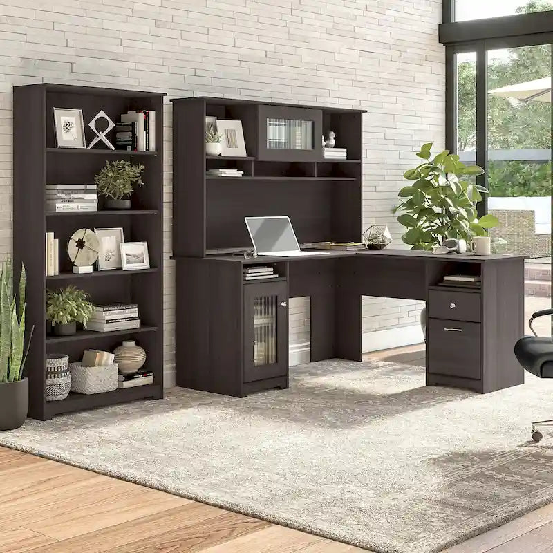 Bureau en L 60 W avec huche et bibliothèque 5 étagères