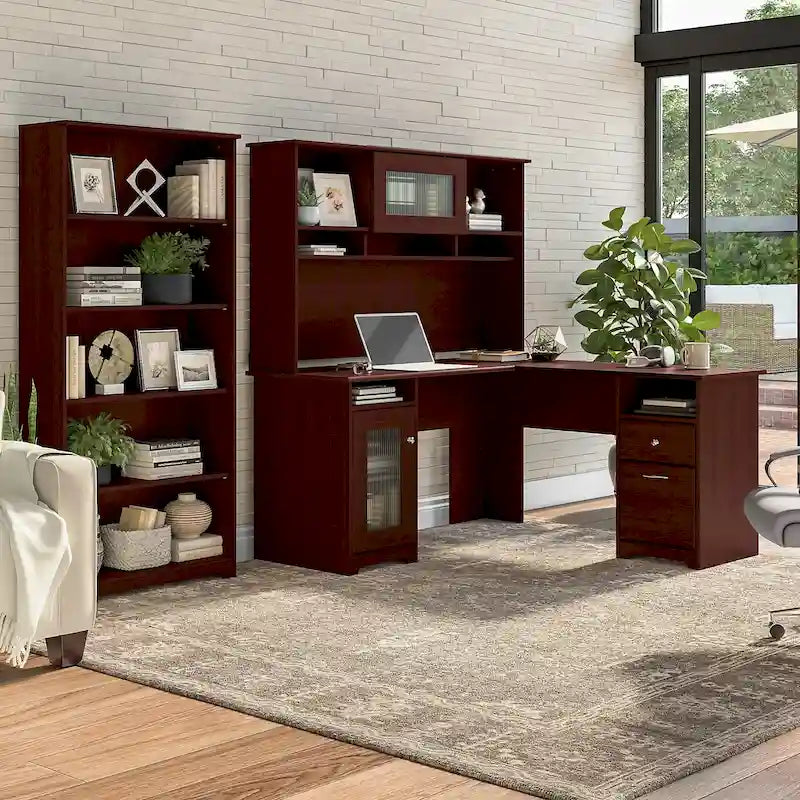 Bureau en L 60 W avec huche et bibliothèque 5 étagères