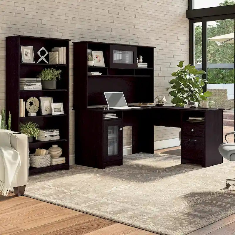Bureau en L 60 W avec huche et bibliothèque 5 étagères