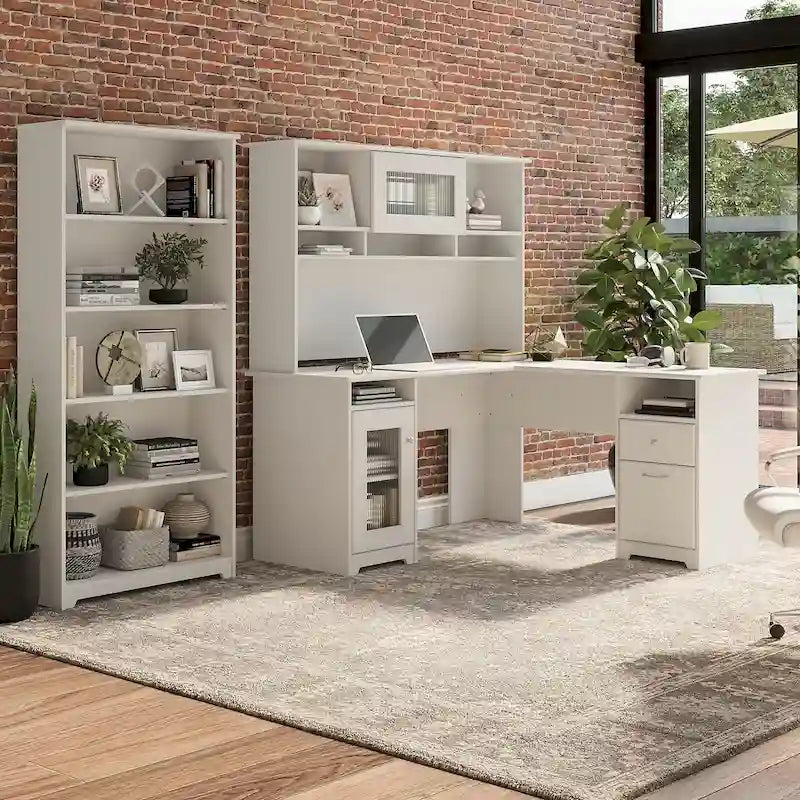 Bureau en L 60 W avec huche et bibliothèque 5 étagères