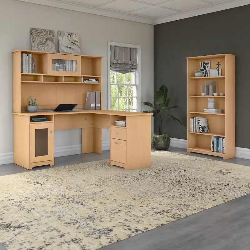 Bureau en L 60 W avec huche et bibliothèque 5 étagères