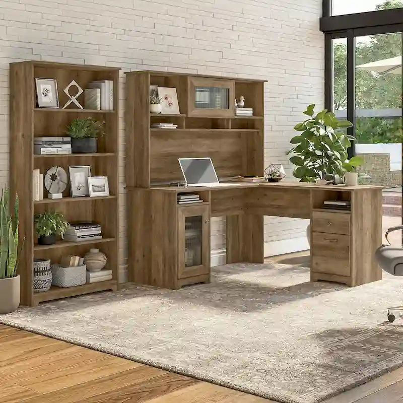 Bureau en L 60 W avec huche et bibliothèque 5 étagères
