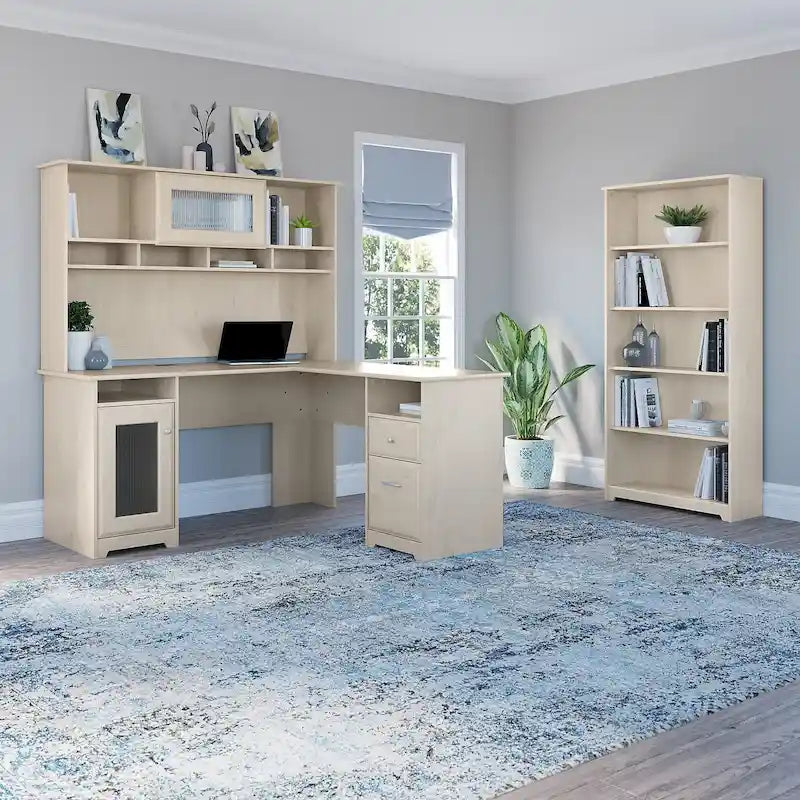 Bureau en L 60 W avec huche et bibliothèque 5 étagères