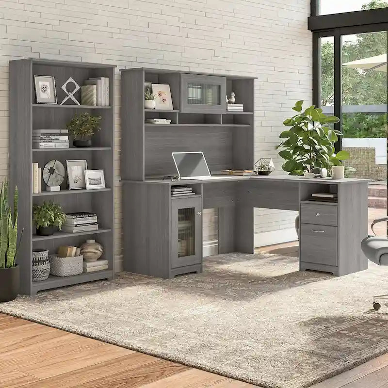 Bureau en L 60 W avec huche et bibliothèque 5 étagères