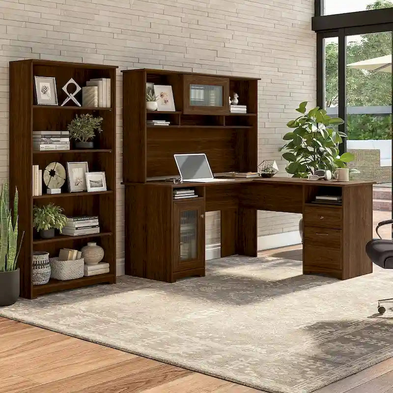 Bureau en L 60 W avec huche et bibliothèque 5 étagères