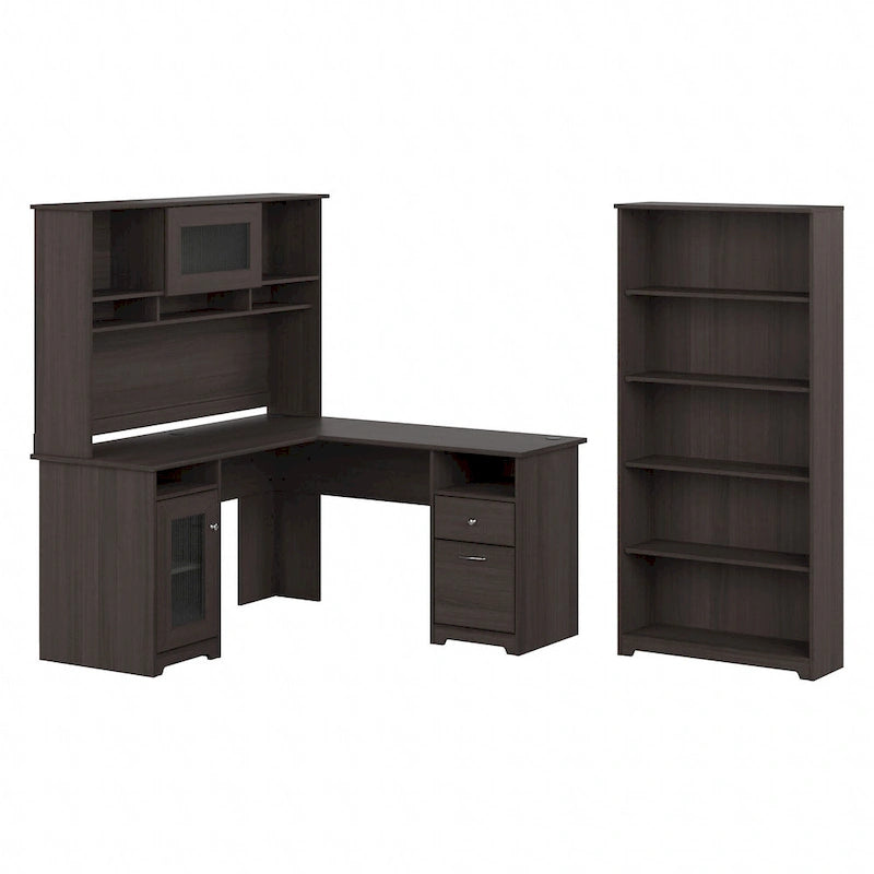 Bureau en L 60 W avec huche et bibliothèque 5 étagères