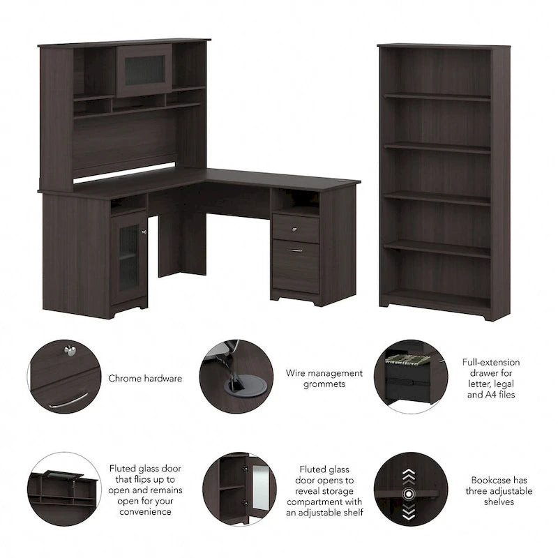 Bureau en L 60 W avec huche et bibliothèque 5 étagères