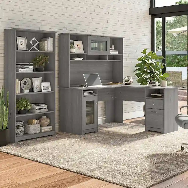 Bureau en L 60 W avec huche et bibliothèque 5 étagères