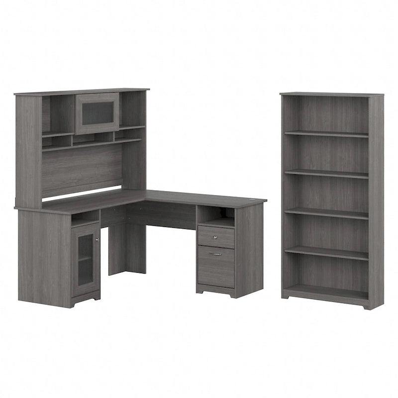 Bureau en L 60 W avec huche et bibliothèque 5 étagères