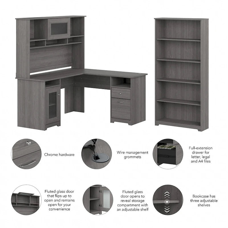 Bureau en L 60 W avec huche et bibliothèque 5 étagères