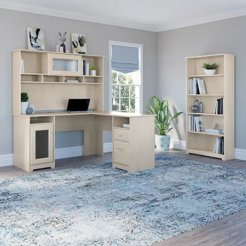 Bureau en L 60 W avec huche et bibliothèque 5 étagères