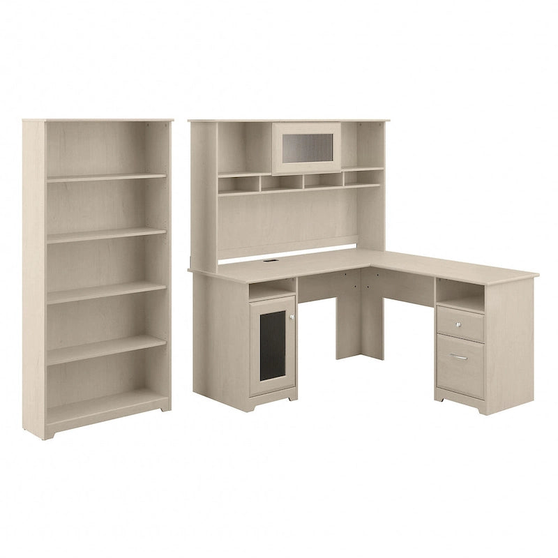 Bureau en L 60 W avec huche et bibliothèque 5 étagères