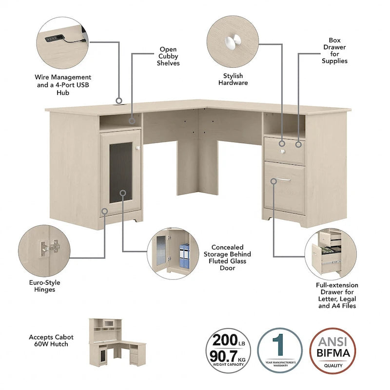 Bureau en L 60 W avec huche et bibliothèque 5 étagères