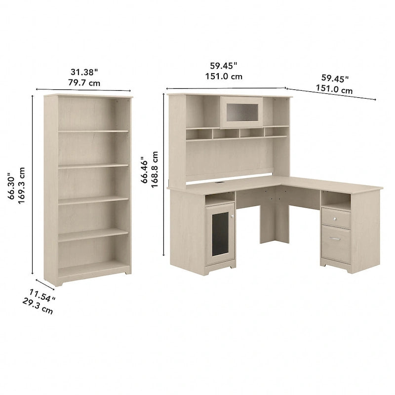 Bureau en L 60 W avec huche et bibliothèque 5 étagères