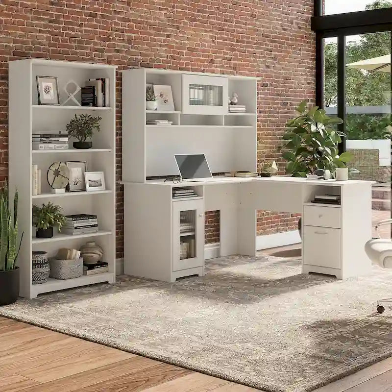 Bureau en L 60 W avec huche et bibliothèque 5 étagères