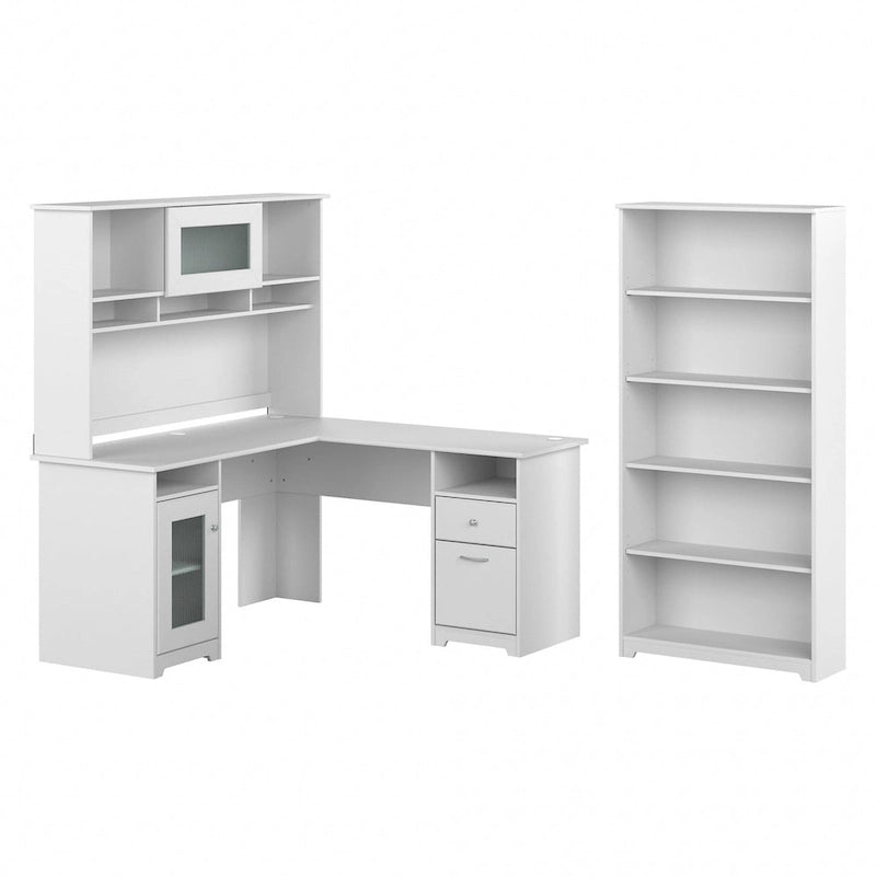 Bureau en L 60 W avec huche et bibliothèque 5 étagères