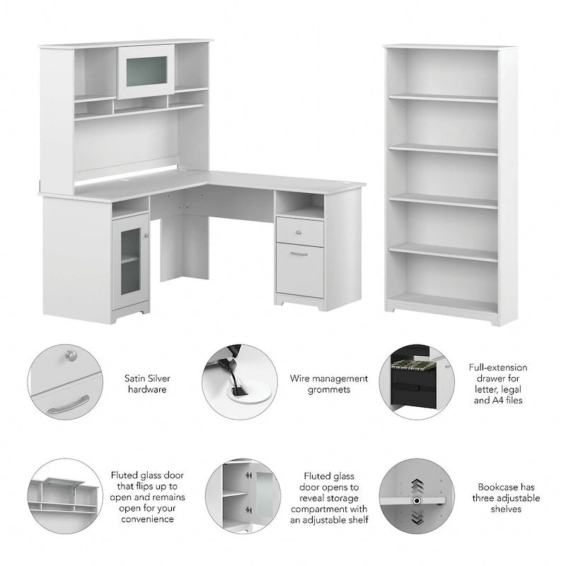 Bureau en L 60 W avec huche et bibliothèque 5 étagères