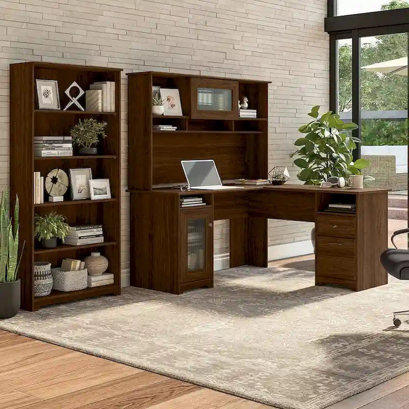 Bureau en L 60 W avec huche et bibliothèque 5 étagères