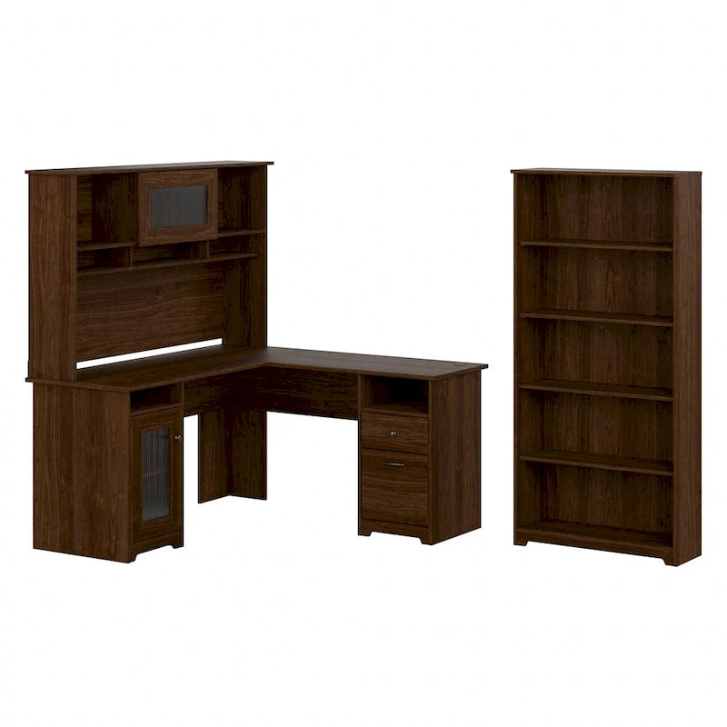 Bureau en L 60 W avec huche et bibliothèque 5 étagères