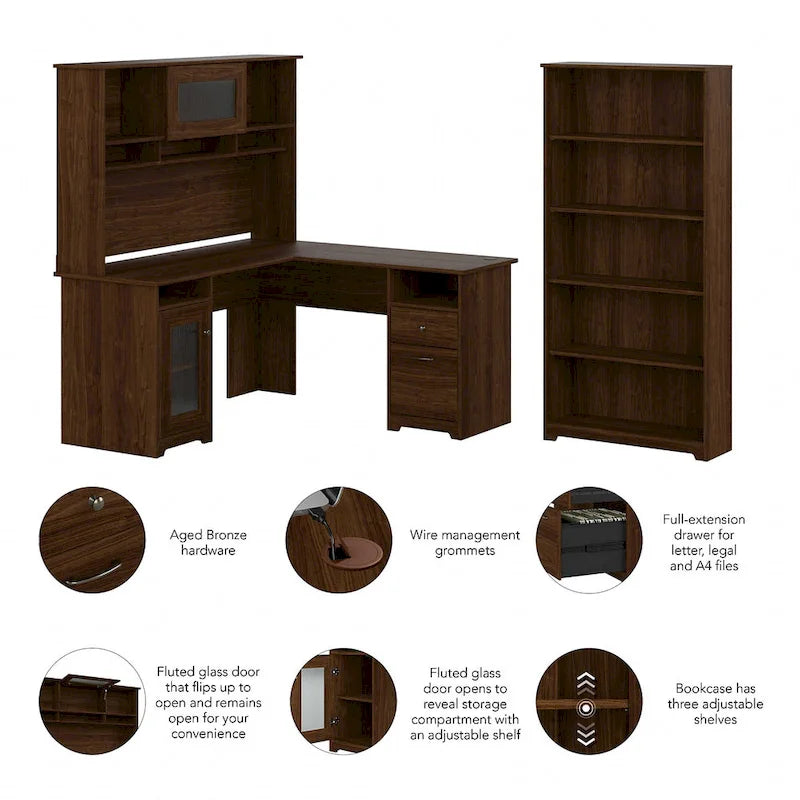 Bureau en L 60 W avec huche et bibliothèque 5 étagères