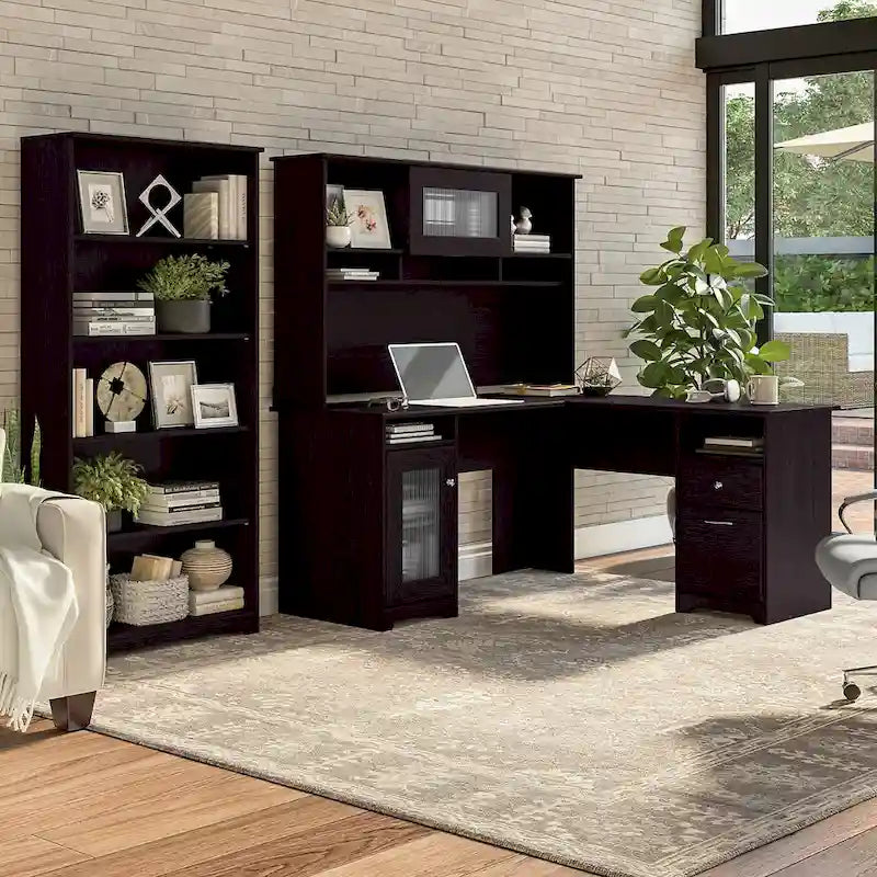Bureau en L 60 W avec huche et bibliothèque 5 étagères