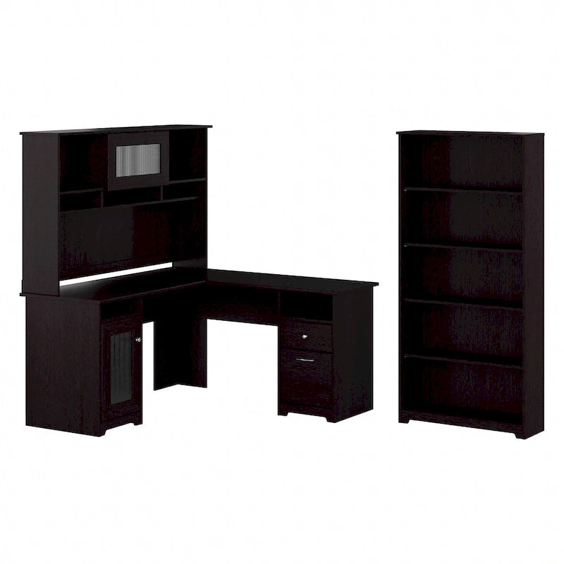 Bureau en L 60 W avec huche et bibliothèque 5 étagères