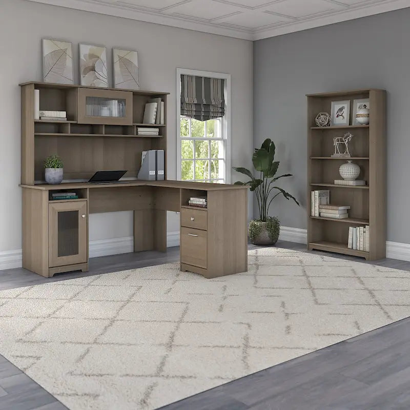 Bureau en L 60 W avec huche et bibliothèque 5 étagères