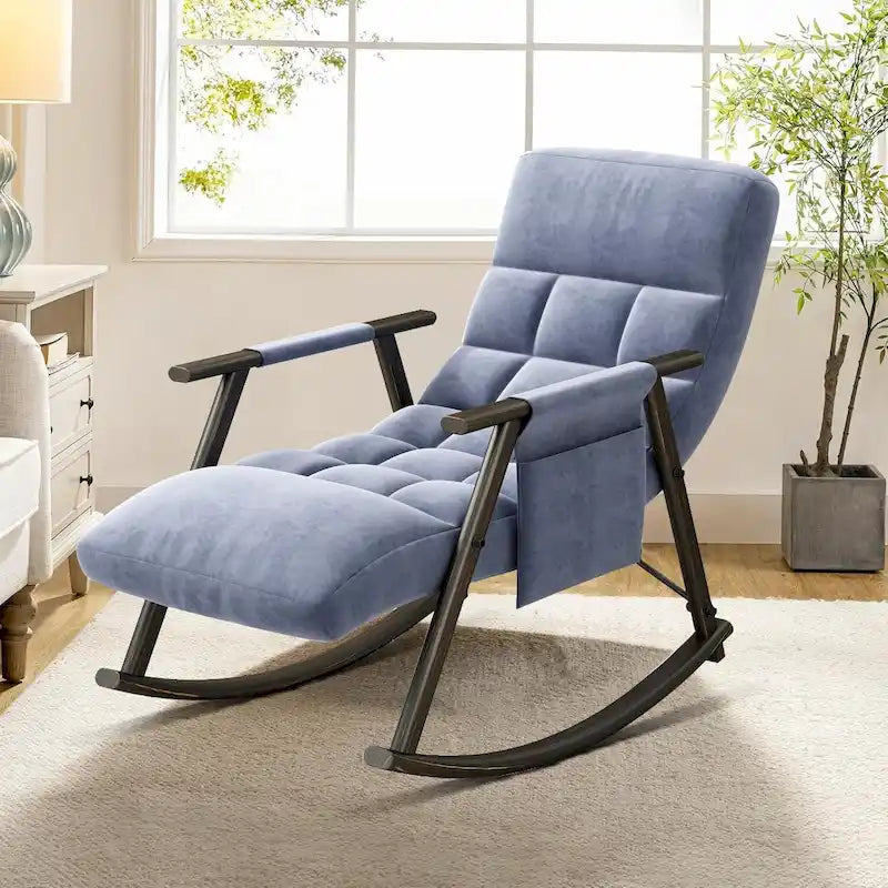 Fauteuil à bascule moderne classique en tissu rembourré avec poche de rangement