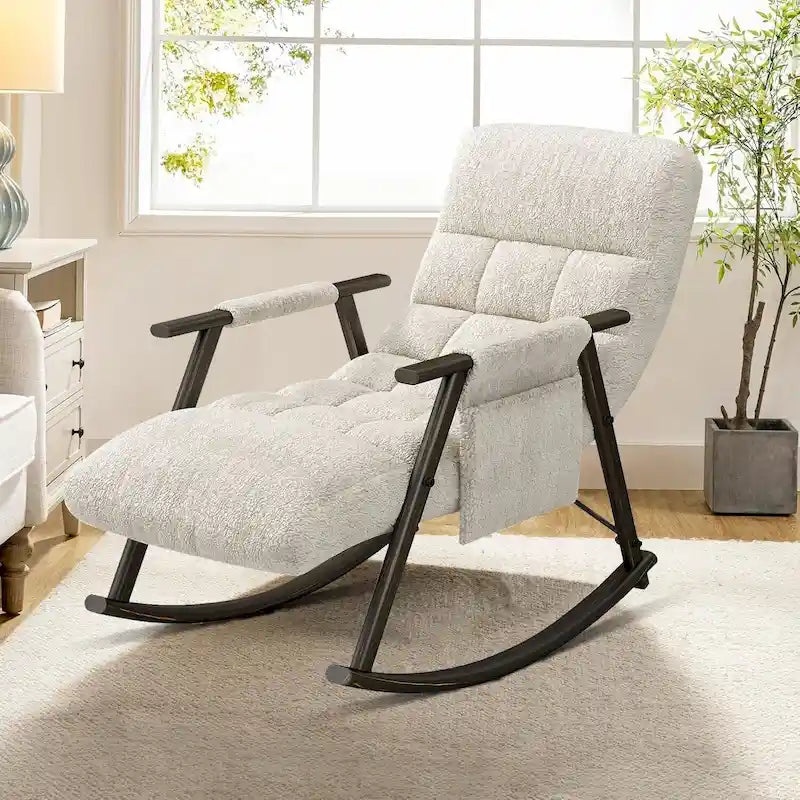 Fauteuil à bascule moderne classique en tissu rembourré avec poche de rangement