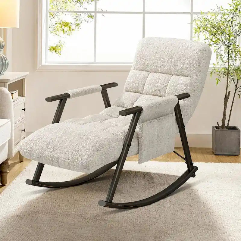 Fauteuil à bascule moderne classique en tissu rembourré avec poche de rangement