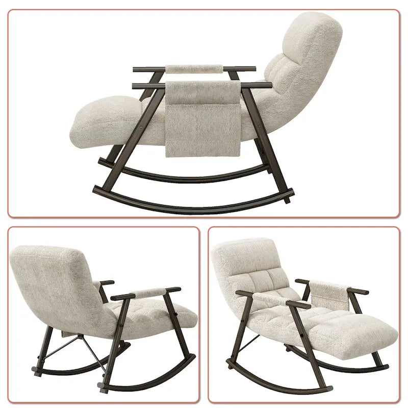 Fauteuil à bascule moderne classique en tissu rembourré avec poche de rangement