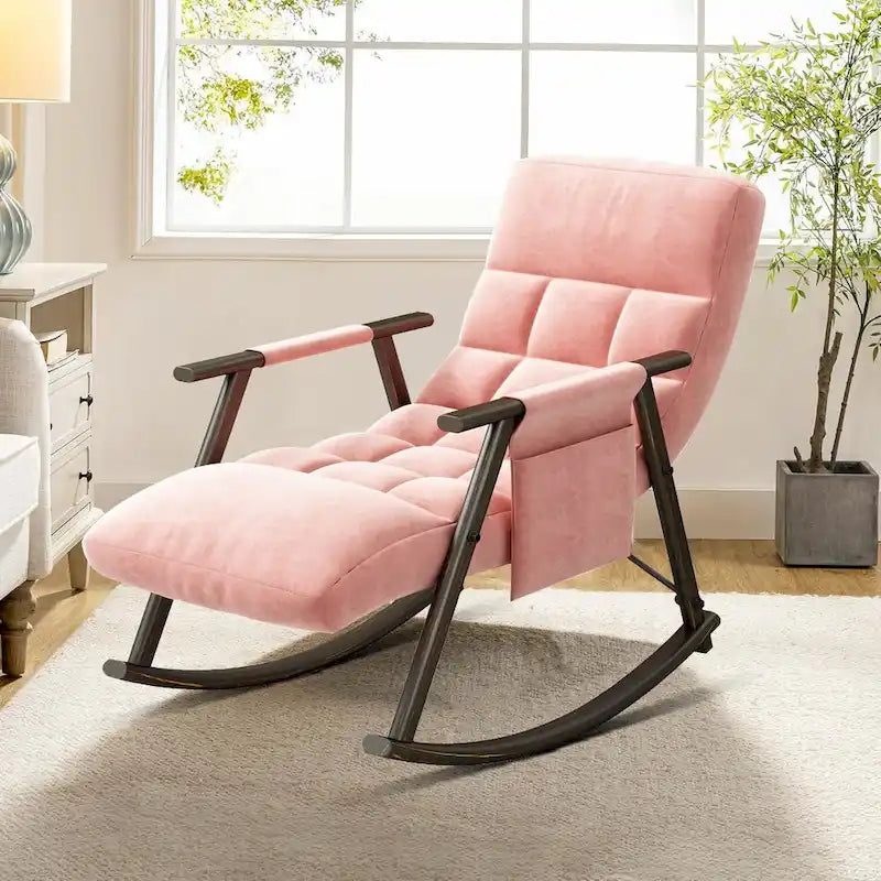 Fauteuil à bascule moderne classique en tissu rembourré avec poche de rangement