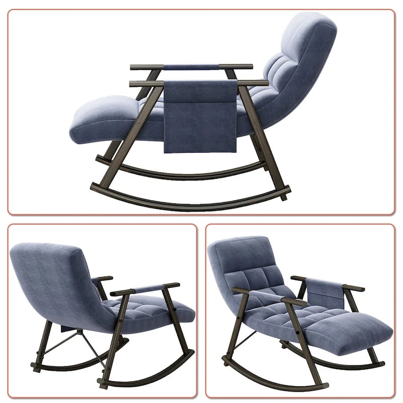 Fauteuil à bascule moderne classique en tissu rembourré avec poche de rangement