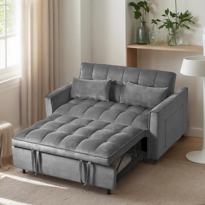 Canapé futon moderne en velours convertible, petit canapé deux places avec dossier inclinable, coussins décoratifs et poches de rangement.