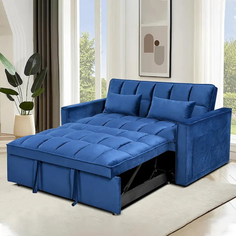 Canapé futon moderne en velours convertible, petit canapé deux places avec dossier inclinable, coussins décoratifs et poches de rangement.