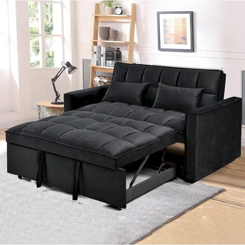 Canapé futon moderne en velours convertible, petit canapé deux places avec dossier inclinable, coussins décoratifs et poches de rangement.