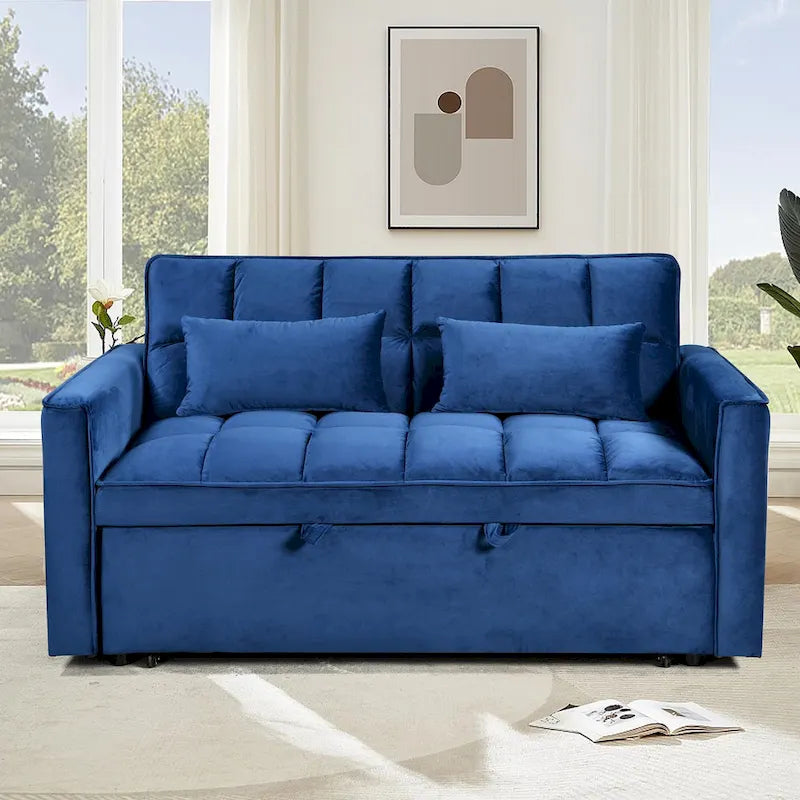 Canapé futon moderne en velours convertible, petit canapé deux places avec dossier inclinable, coussins décoratifs et poches de rangement.